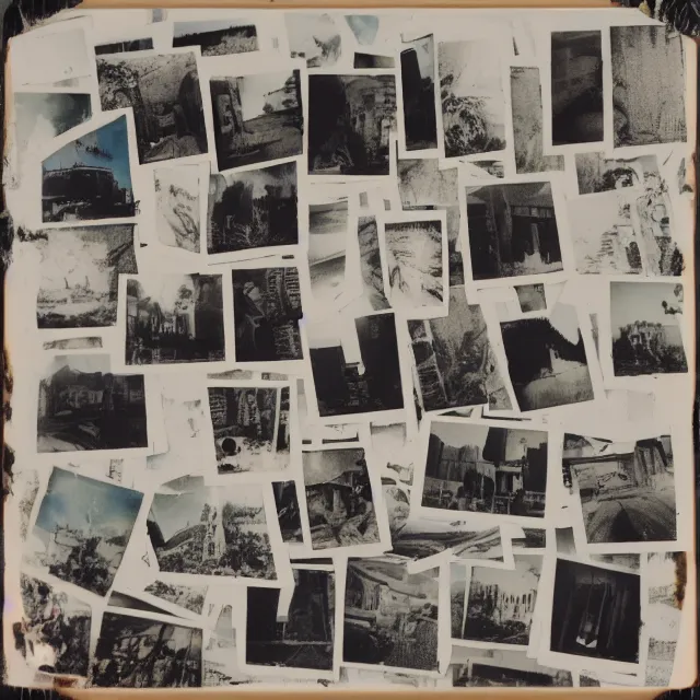 Prompt: collage of polaroid photographs of burning churches