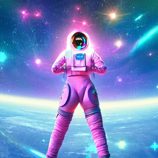 Image similar to a beautiful woman in a futuristic feminine spacesuit flying through space with galaxies in the back, epic lighting, digital art, vector art, artwork by beeple and lisa frank, fantasy, intricate, highly detailed, artstation, octane render