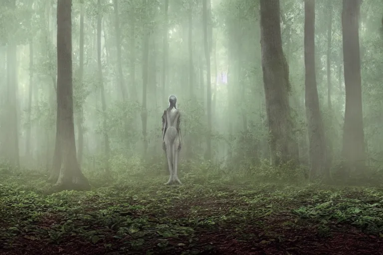 Prompt: a complex organic fractal 3 d ceramic humanoid megastructure in a lush forest, foggy, cinematic shot, photo still from movie by denis villeneuve