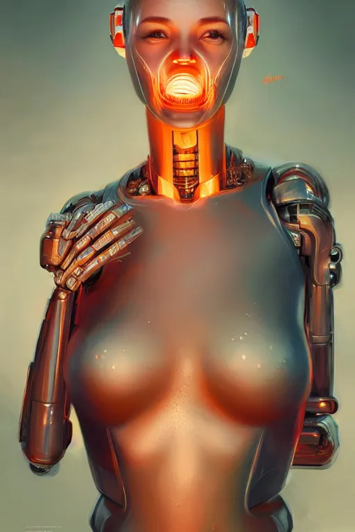 Image similar to attractive female i robot sticking tongue out sensually and sweating, torso portrait, intricate, elegant, volumetric lighting, scenery, digital painting, highly detailed, artstation, sharp focus, illustration, concept art, luis rollo, ruan jia, steve mccurry, john berkey