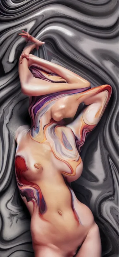 Image similar to 3 d female body silhouette sleeping in marbling liquid acrylic fluid, art noveauand art deco, black colors, cinestill, 7 0 mm photography, photography by amy leibowitz and volfgang schneider, bodypainting, painting by morava and goldalh, artstation, epic concept art, beautiful female face matte painting