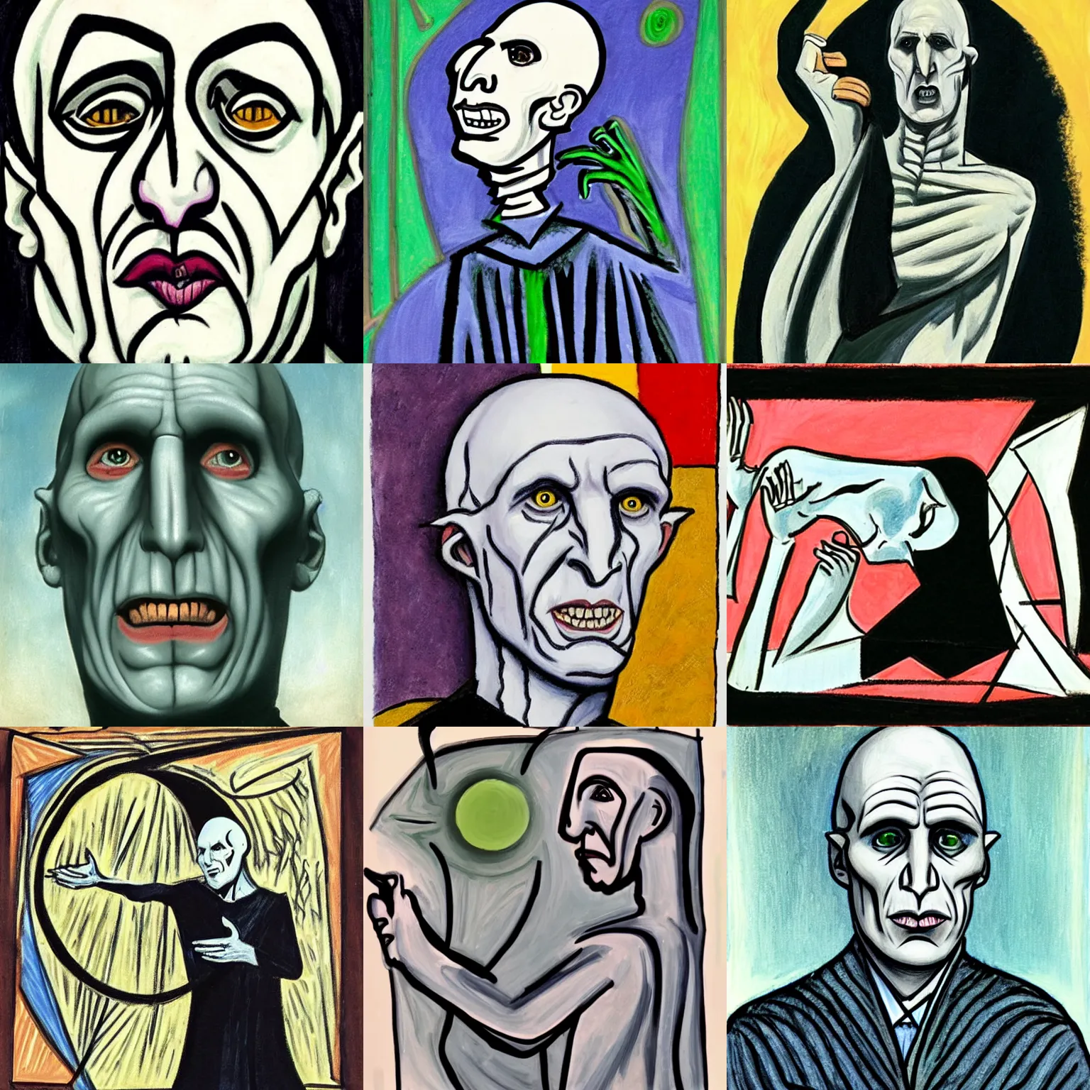Prompt: Voldemort casting a spell in the style of Picasso