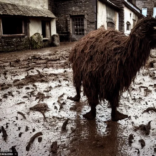 Image similar to horror, moody, still from film, daytime, muddy village square, wide shot, roaring mutant goat monster, powerful and huge, creeping on legs with hands instead of feet, filthy jagged teeth in gaping mouth, matted brown fur, in muddy medieval village square