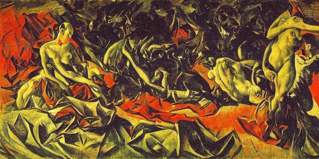 Image similar to the lotus eater at the dying of the light. umberto boccioni, caravaggio, max ernst h 7 6 8