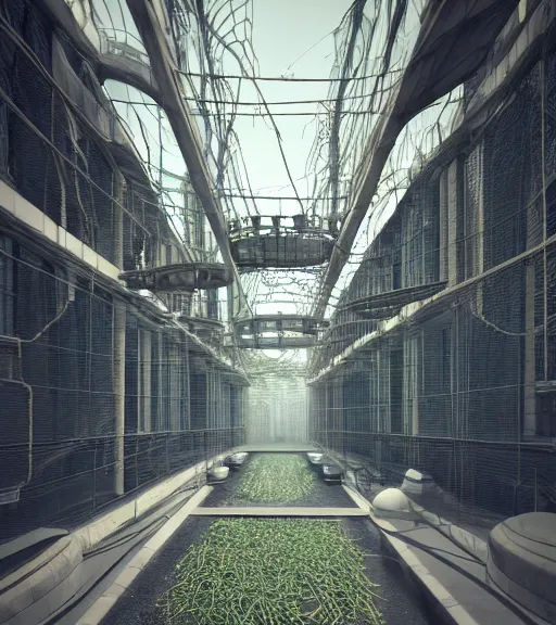 Image similar to hemp ropes in cyberpunk structure, former gasometer in rome, white sheets, trending on artstation, behance, octane render, award winning, archviz, matte painting, epic