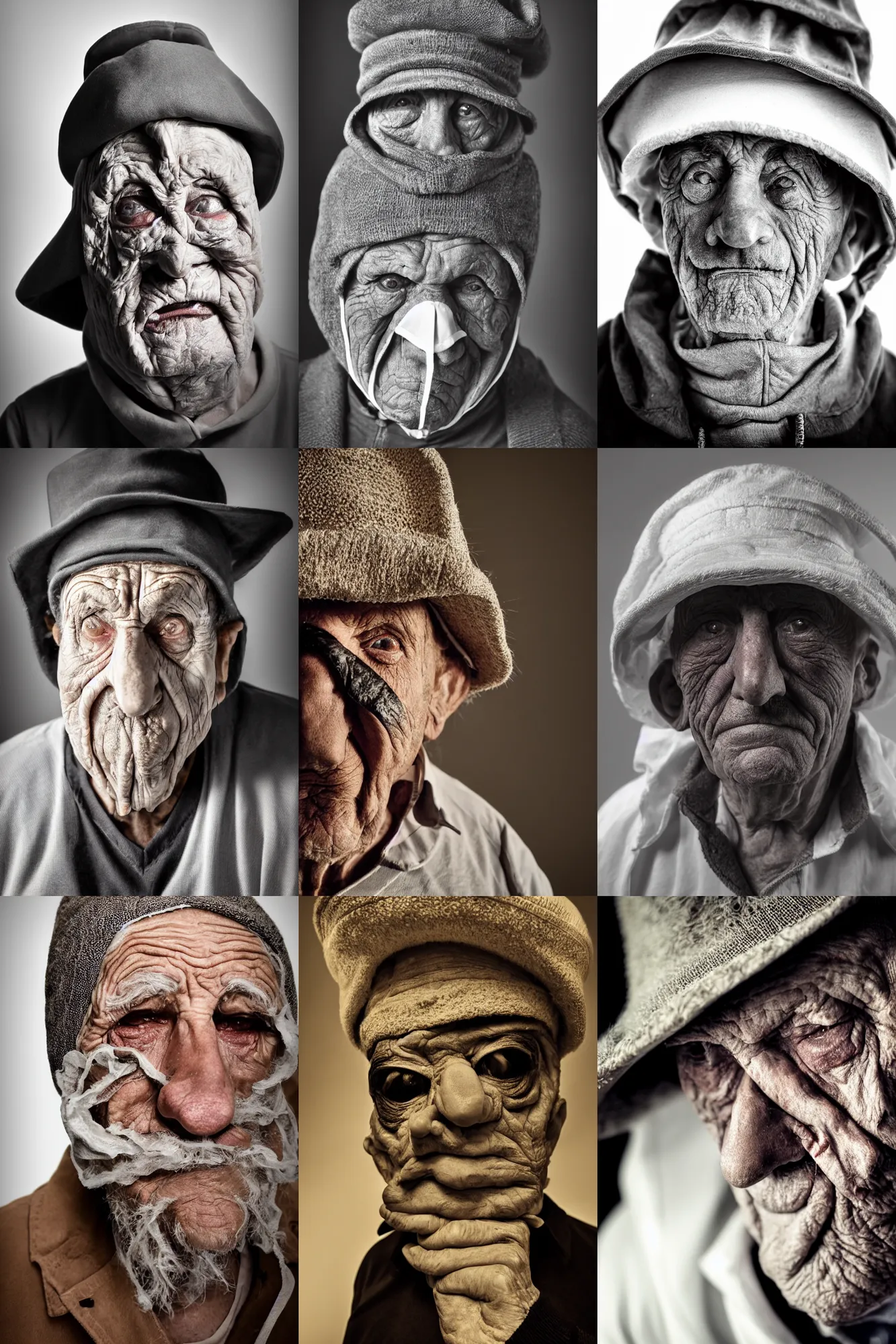 Prompt: high contrast studio close - up portrait of a wrinkled old man wearing a pulcinella mask, clear eyes looking into camera, baggy clothing and hat, backlit, dark mood, nikon, photo by paola agosti, masterpiece