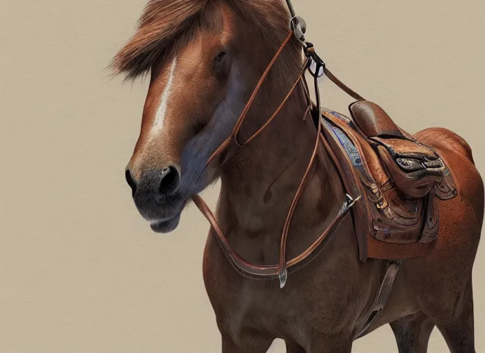 Image similar to concept art of horse with a algie, carrying a saddle bag, digital art, photo realistic, highly detailed