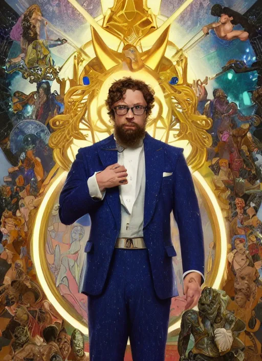 Image similar to Sam Hyde in a Celestial royal blue suit, luxurious theme, starring in Thor Ragnarok film, gold suit, sigma male, accurately portrayed, portrait art by alphonse mucha and greg rutkowski, highly detailed, digital painting, concept art, illustration, dim lighting with twilight rays of sunlight, trending on artstation, very detailed, smooth, sharp focus, octane render, close up