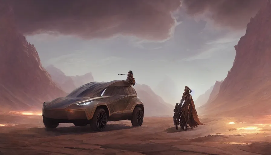 Image similar to a militarised electric suv designed by tesla driving through socotra island, artgerm and greg rutkowski and alphonse mucha, an epic fantasy, volumetric light, detailed, establishing shot, an epic fantasy, trending on art station, octane render, midsommar