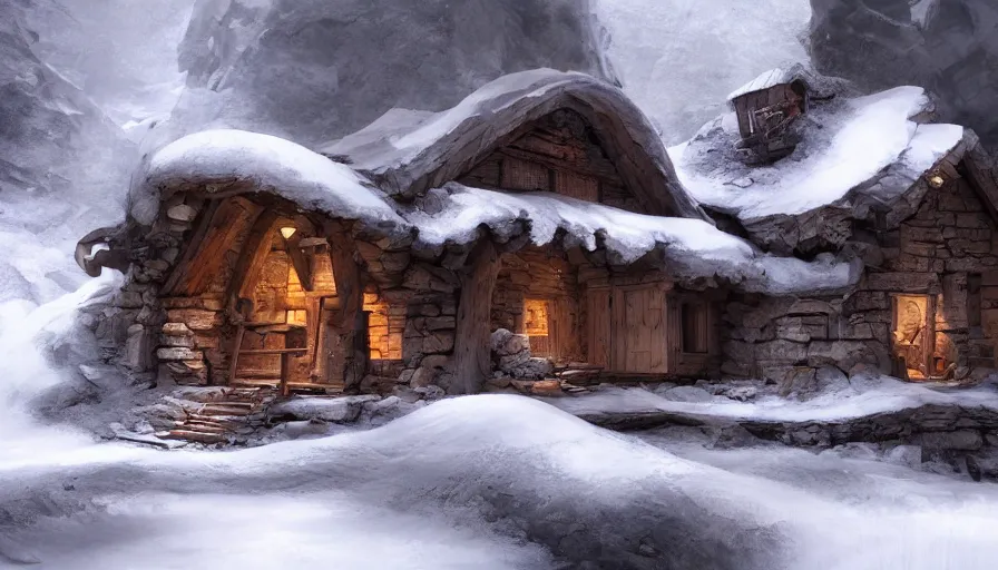 Prompt: Small wooden house built inside a snowy cave, hyperdetailed, artstation, cgsociety, 8k