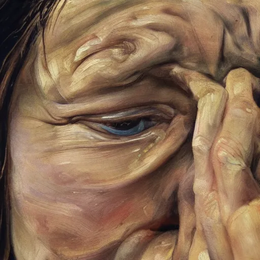 Image similar to high quality high detail painting by lucian freud, hd, crying young woman portrait by the window, photorealistic lighting