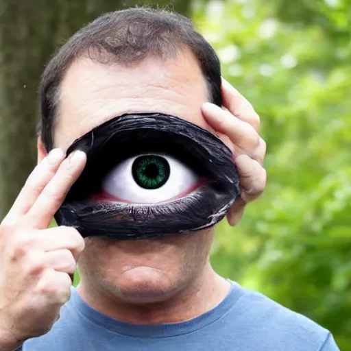 Image similar to a man peels his own head revealing a large eye