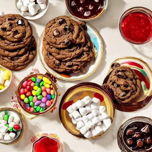 Prompt: opulent banquet of plates of freshly baked chocolate chip cookies and jelly beans, chocolate sauce, marshmallows, delicious, glistening, highly detailed, food photography, art by rembrandt