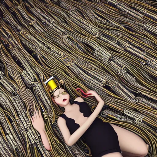 Image similar to tapping in to something greater, piles of modular synth cables, goddess laying down wearing a big headpiece made of circuit boards in a photo shoot for balenziaga, wlop, stanley kubrick, masamune, junji ito, unique perspective, eastman color, perfect details, trending on artstation, 3 d render, smooth render