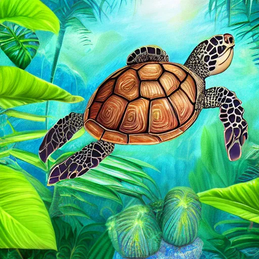 Prompt: turtle with beautiful spiral patterns and gemstones on shell surrounded by tropical plants detailed magical realism painting 4 k