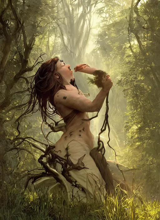 Prompt: angry frankenstein on a beautiful lush forest meadow, afternoon, art by Artgerm and Greg Rutkowski and Alphonse Mucha, DAZ, hyperrealistic, ambient light, dynamic light, vray