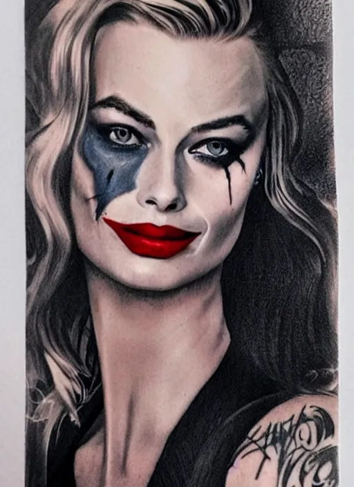 Image similar to tattoo design sketch of beautiful margot robbie portrait with joker makeup, holding an ace card, in the style of den yakovlev, realistic face, black and white, realism tattoo, hyper realistic, highly detailed