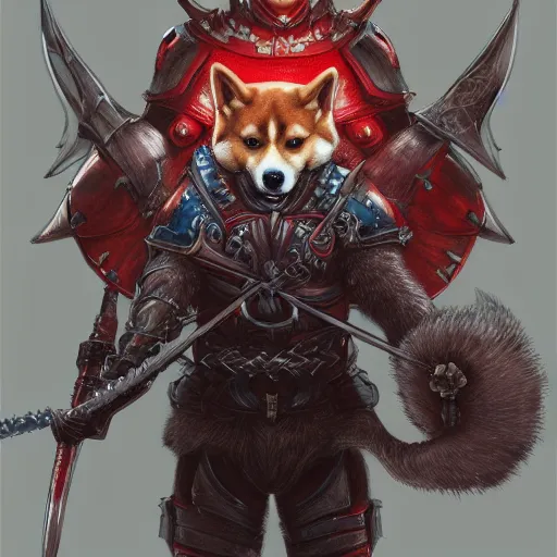 Image similar to anthropomorphic shiba inu, wearing anime berserk armor and sword, darkness aura red light, fantasy, dark, portrait art by donato giancola and greg rutkowski, realistic face, digital art, trending on artstation, symmetry