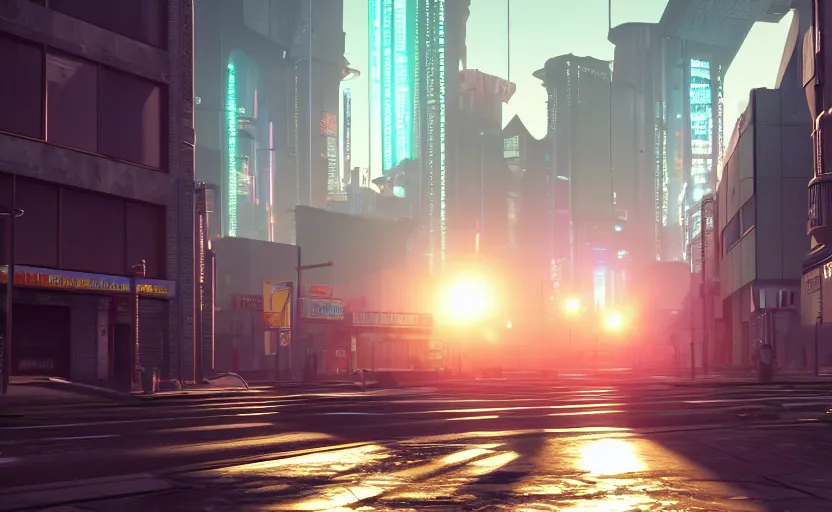 Image similar to photorealistic cyberpunk city streets. daylight. sunlight. lens flare. light fixtures. 8K. detailed. photorealism. artstation. 25mm f/1.7 ASPH Lens. ultra realistic