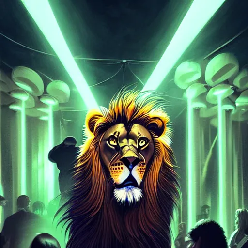 Image similar to a lion inside a night club, people dancing, hyperdetailed, in the style of artgerm, deviantart, figurative art, deviantart, ilya kuvshinov, lovecraftian