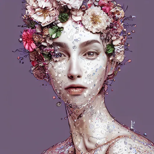 Image similar to the portrait of an absurdly beautiful, graceful, elegant, sophisticated, fashionable young woman made of strawberries and white petals with tears, an ultrafine hyperdetailed illustration by kim jung gi, irakli nadar, intricate linework, bright colors, octopath traveler, final fantasy, unreal engine 5 highly rendered, global illumination, radiant light, detailed and intricate environment