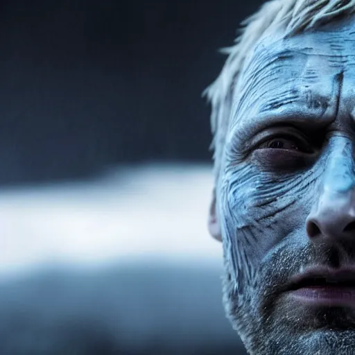 Prompt: Mads Mikkelsen as the Night King, close up, stoic, cold