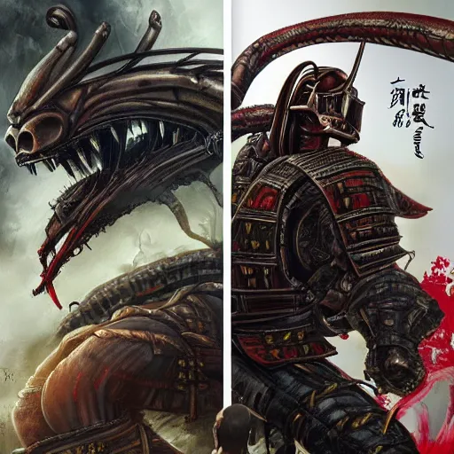 Image similar to alien predator v. s samurai with samurai temple and samurai bridge jurgens digital art, golden ratio, art canvas, award winning, masterpiece artstation 8 k 1 5 0 mpx