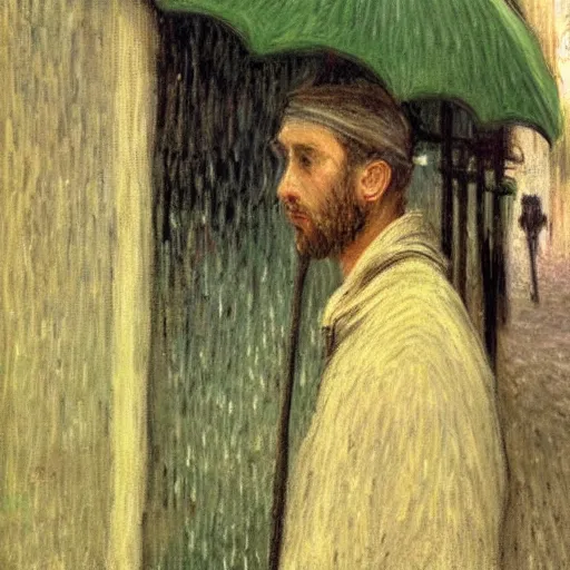 Prompt: painting of a guy with white hoodie and headphones at a bus stop in genoa rainy day by monet