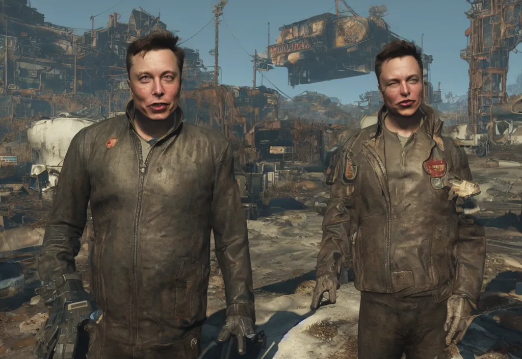 Image similar to elon musk in the video game in fallout 4, apocalyptic wastland, close up, 3 d rendering. unreal engine. amazing likeness. very detailed.