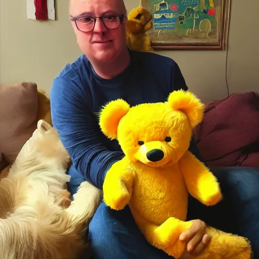 Prompt: a yellow teddy bear showing off a collection of nfts