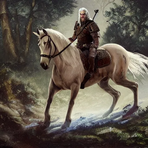 Prompt: geralt of rivia wearing riding a horse through a dark forest, highly detailed, oil painting