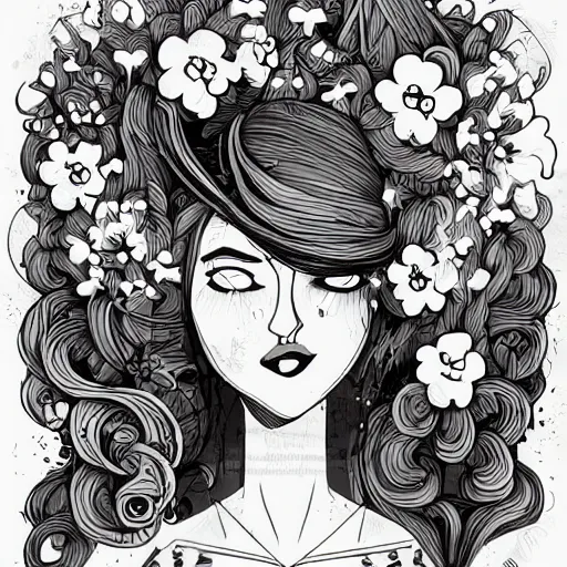 Image similar to grunge cartoon vector sketch of a human with flowers as their hair by - anton fadeev, loony toons style, horror theme, detailed, elegant, intricate