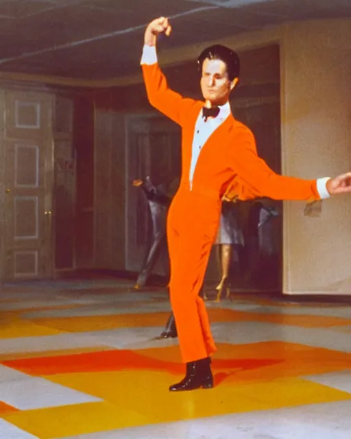 Prompt: leonard nimitz as orange suited tony manero in saturday night fever dancing at a disco with a glowing illuminated multicolored square tile floor