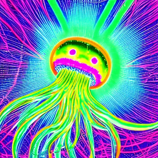 Prompt: psychedelic electric jellyfish travelling in the ocean