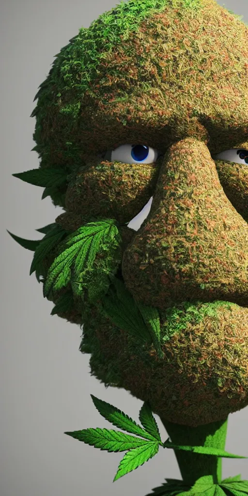 Prompt: funny marijuana character made from a bud, like iamgrout, in an 8k render, photorealistic, with high detail, rendering with octane + ray tracing - illumination, very sharp, ultra sharp, focused