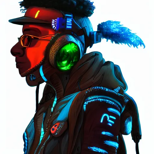 Image similar to in the style of ghostshrimp and bubbltek a highly detailed character concept illustration of a young mixed race male explorer wearing a cyberpunk headpiece