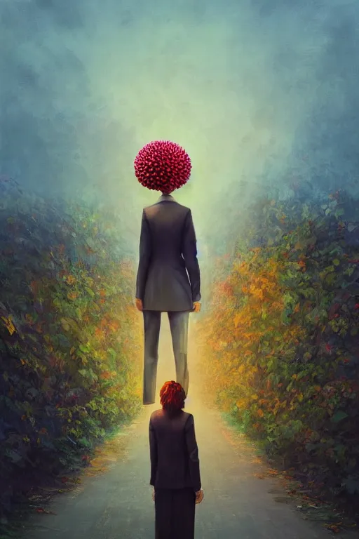 Image similar to portrait giant dahlia flower head, frontal, girl in a suit, standing in street, surreal photography, sunrise, dramatic light, impressionist painting, digital painting, artstation, simon stalenhag