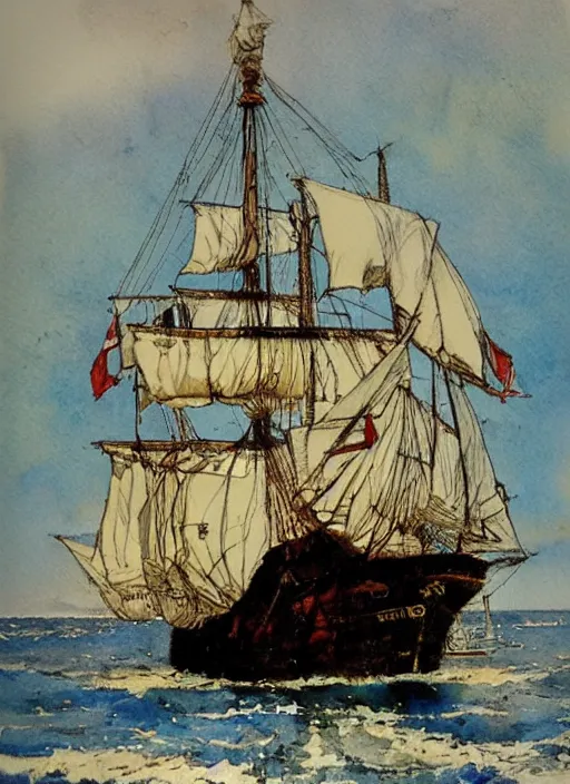 Image similar to photo realistic galleon, art by harvey dunn and howard pyle, illustration, watercolor art,