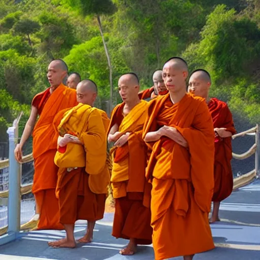 Image similar to Thai Buddhist monks in a sci fi space habitat ringworld.