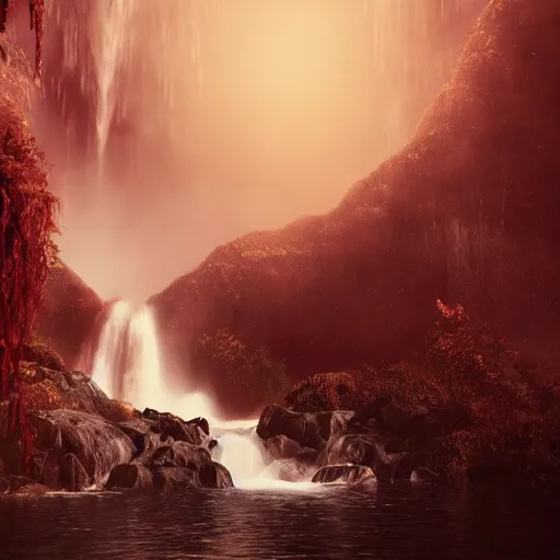 Prompt: landscape of a large waterfall flowing into an infinity pool in hell. intricate artwork. halo. octane render, cinematic, hyper realism, octane render, 8k, bokeh, demonic, dark, devil, demons, mist, red illuminating fog, rocks, red and black colour scheme.