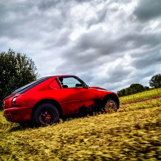 Prompt: award winning photo of a mole driving a red off road car through a field