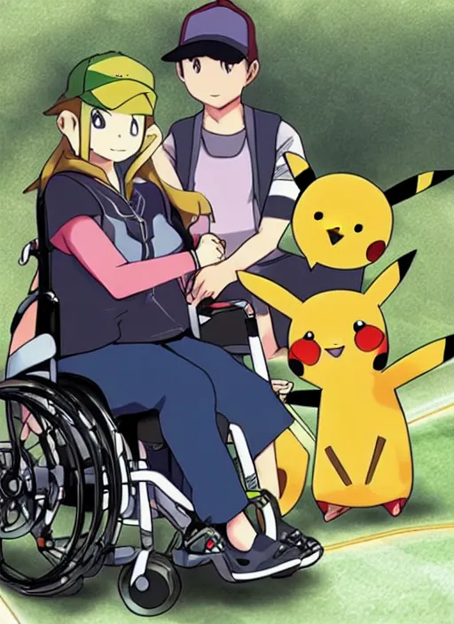 Image similar to a pokemon trainer traveling in a wheelchair, anime, art by ken sugimori