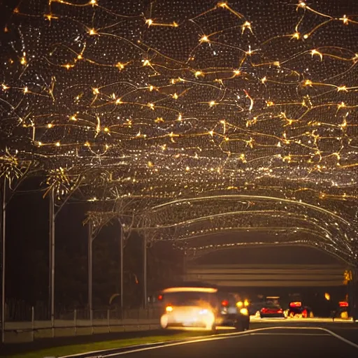 Image similar to dslr photo freeway photo at night, dragonflies create the lights, very high quality lights, intricate details, extremely high quality, moody lighting, real camera, real photo, slow - shutter, 8 k, full subject in shot