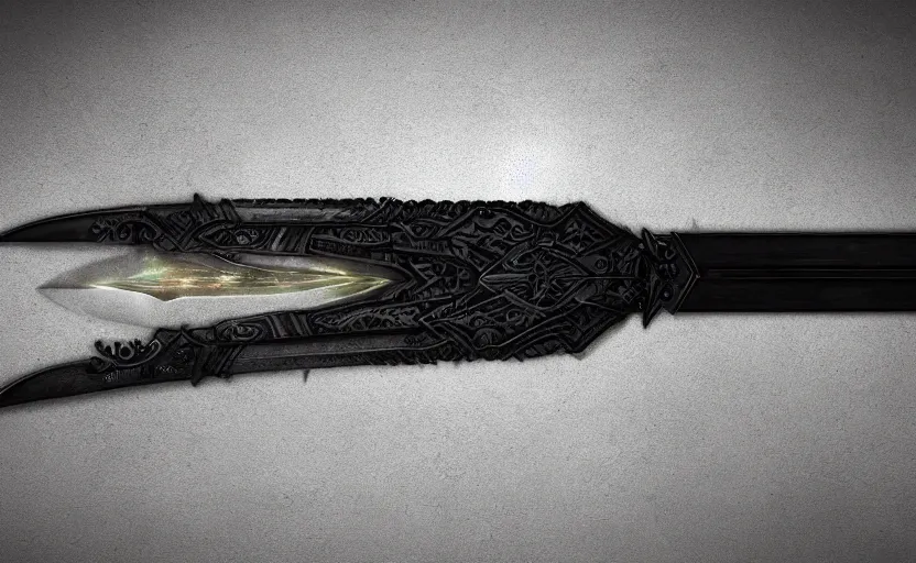 Image similar to legendary sword of cybernetic technology lying flat on a glowing table, digital award winning hd matte painting, intimate dark moody, intricate, long sharp black and iridescent blade, ornate spikes, colorful hilt, detailed realistic, raytraced blade, colored gems, golden pommel, in the style of greg rutkowski and krenz cushart, deviantart
