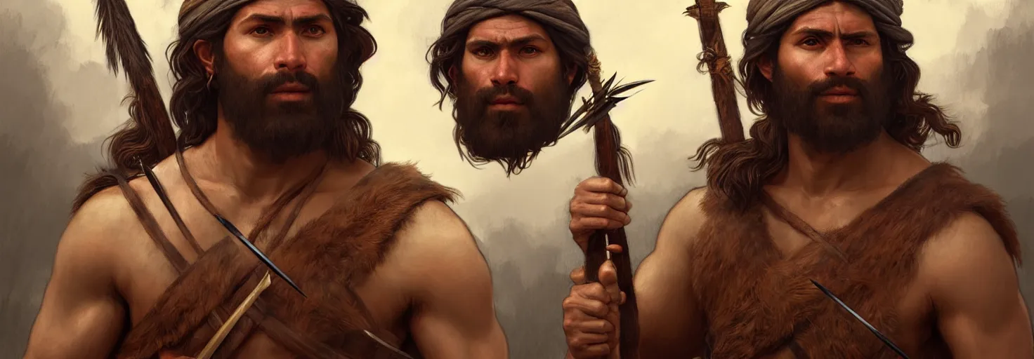 Prompt: renaissance upper body portrait of a gruff ranger with a spear, Navajo, lean and toned, handsome face, hairy chest, D&D, intricate, elegant, highly detailed, digital painting, artstation, concept art, matte, sharp focus, illustration, art by da Vinci, Artgerm and Greg Rutkowski and Alphonse Mucha