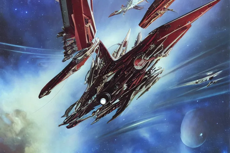 Prompt: gnostic space nebula with debris by raymond swanland, framing a pteranodon battlecruiser, with white kanji insignias, sleek, white john berkey panels, wine red trim, Ralph mcquarrie insets. spines and towers, rows of windows lit internally, sensor array, blazing engines, robotech styling, boeing concept art, cinematic lighting by liam wong