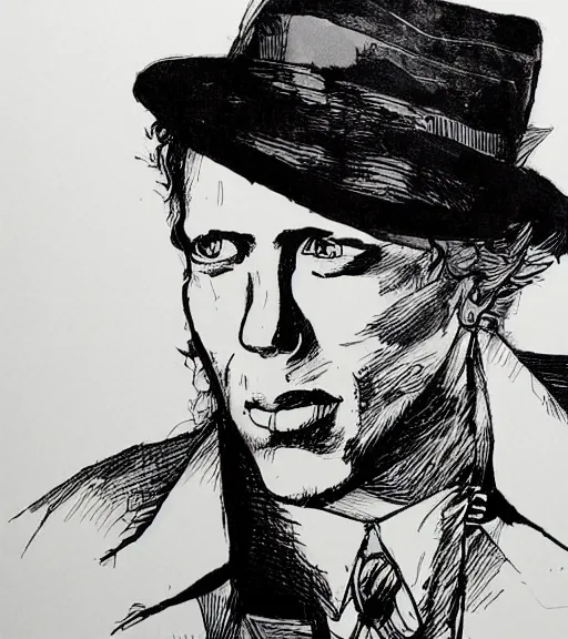 Image similar to portrait of Tom Waits by Mike Mignola, shaded ink illustration