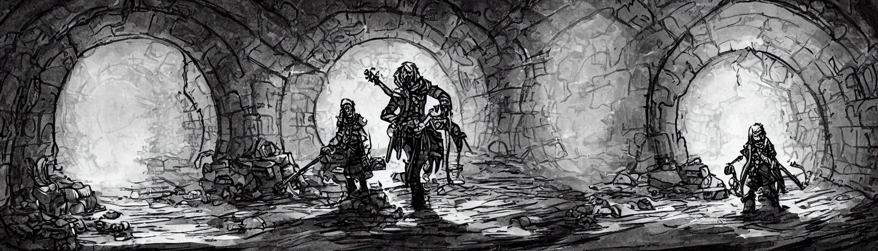 Prompt: an adventurer with a torch stands in a long twisting sewer tunnel. a waist - deep stream with brackish water flows through. fantasy art, underground, crumbling masonry, bleak, sewage falling from grates, abandoned spaces, torchlight. parlainth, darkest dungeon, sketch.