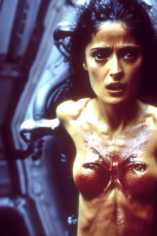 Prompt: film still of salma hayek in the movie Alien, xenomorph swallowing her, scary, cinematic shot, 4k.