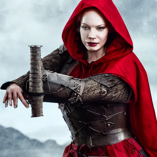 Image similar to full body photo red riding hood christina hendricks armoured warrior, highly detailed, 4k, HDR, award-winning photo